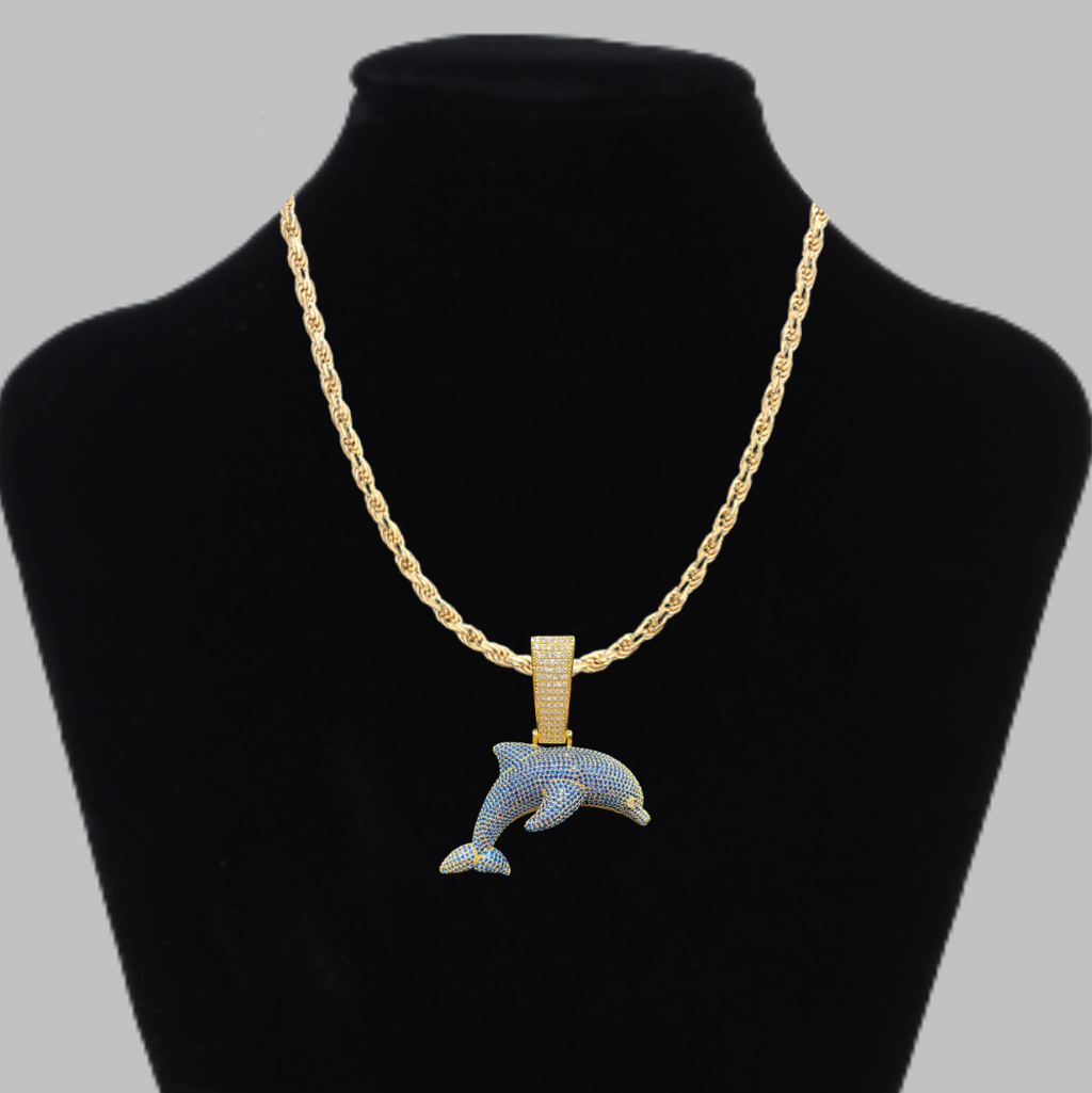 Dolphin Two Tone Iced Out Diamond Pendant Necklace