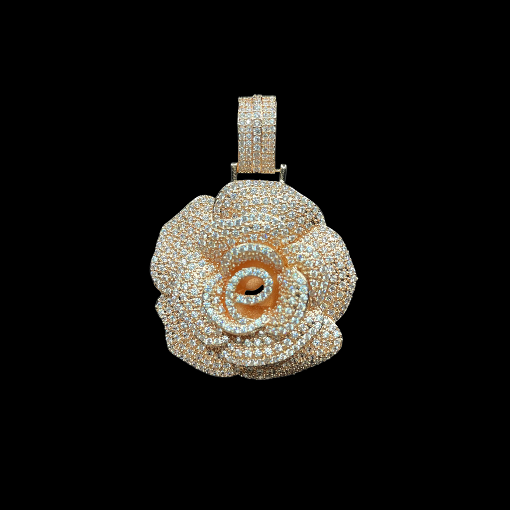 Rose Flower Iced Out Diamond Pendant Necklace