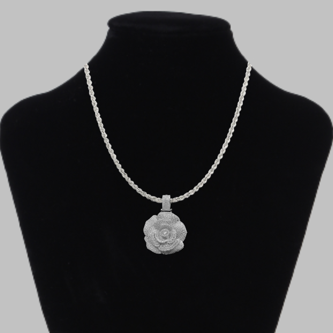 Rose Flower Iced Out Diamond Pendant Necklace
