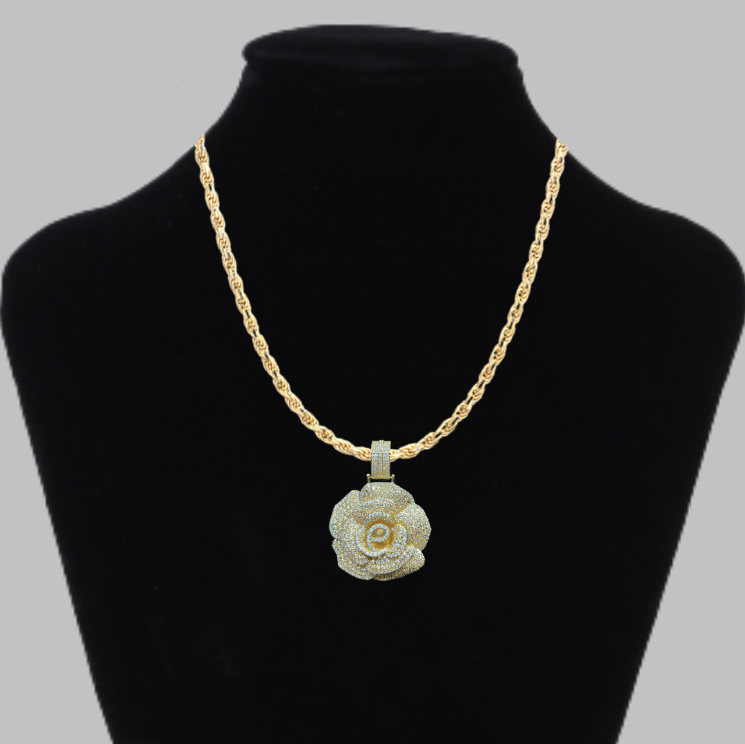 Rose Flower Iced Out Diamond Pendant Necklace