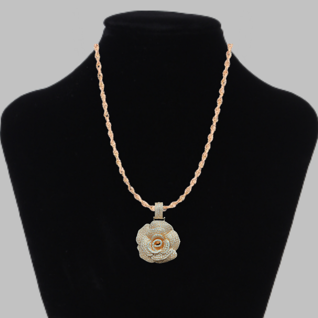 Rose Flower Iced Out Diamond Pendant Necklace