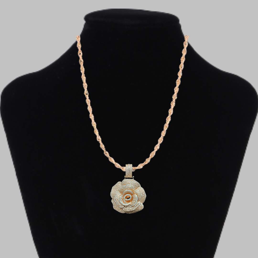 Rose Flower Iced Out Diamond Pendant Necklace