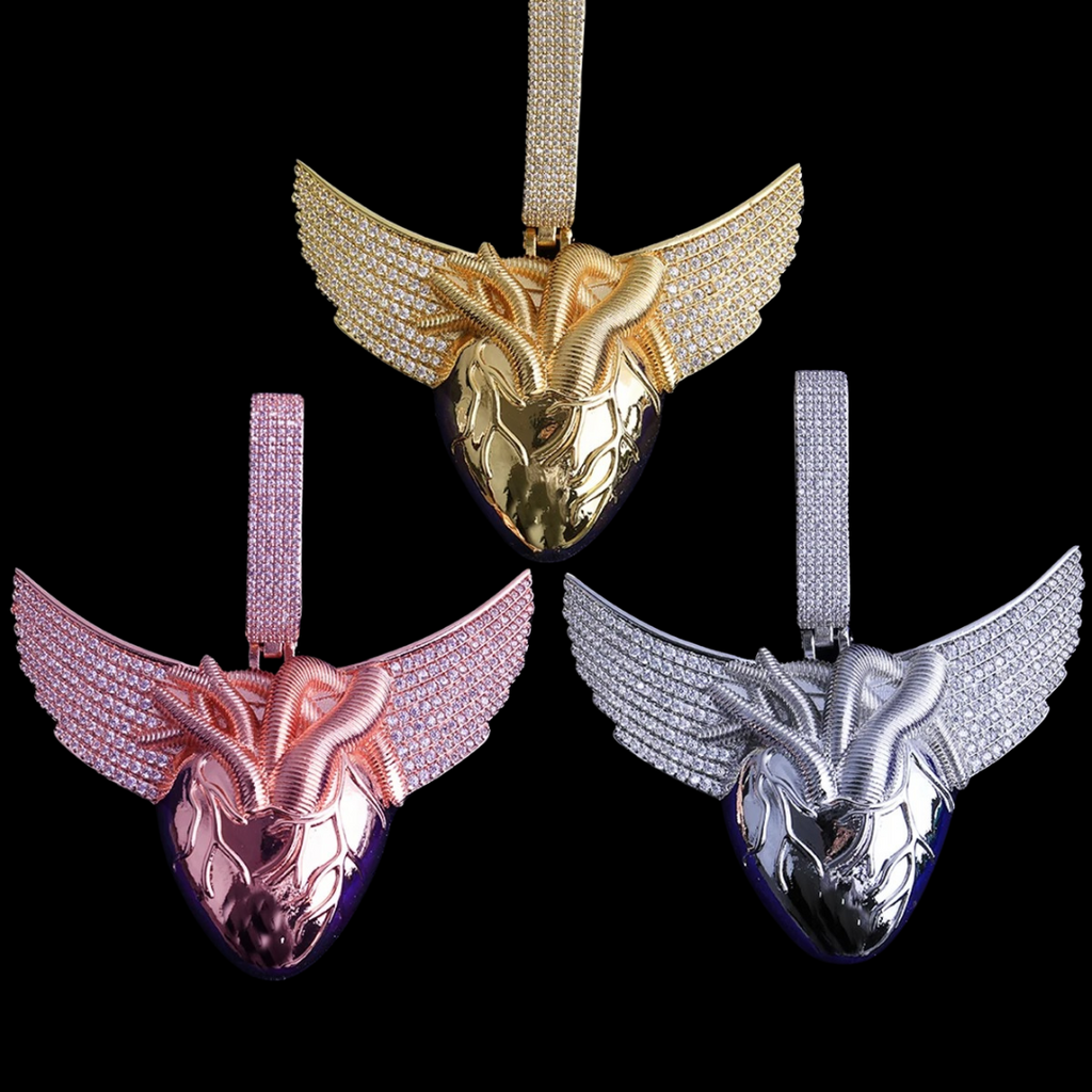 Anatomical Winged Heart Iced Out Diamond Pendant Necklace