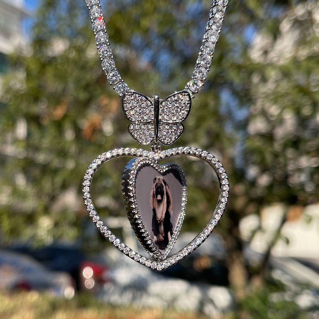Butterfly Bail Rotating Heart Custom Photo Picture Pendant Necklace