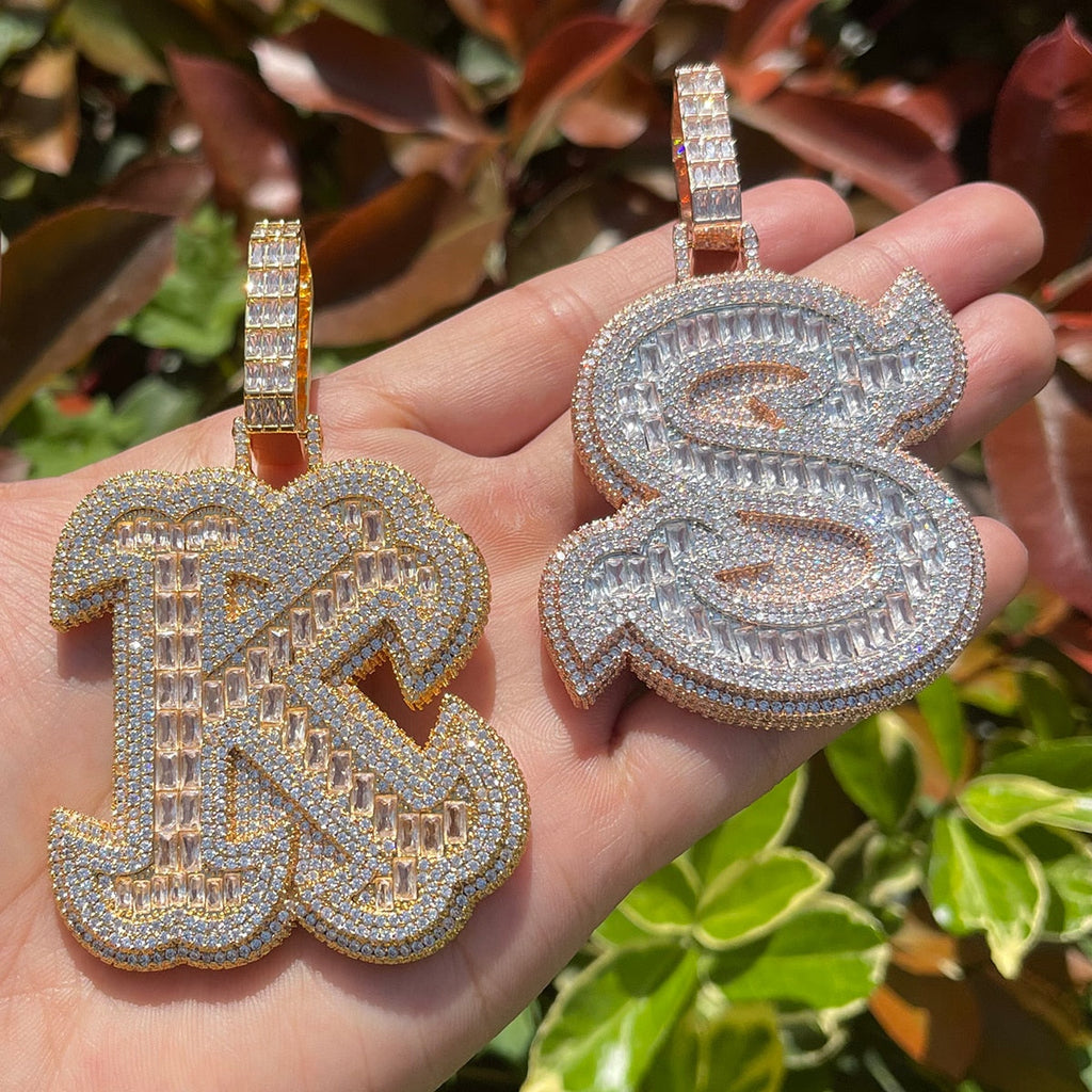 King Style Baguette Bail Iced Out Initial Custom Name Necklace Pendant