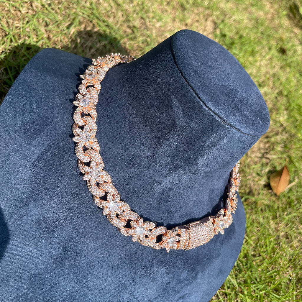 18MM Flower Cuban Iced Out Diamond Necklace Chain