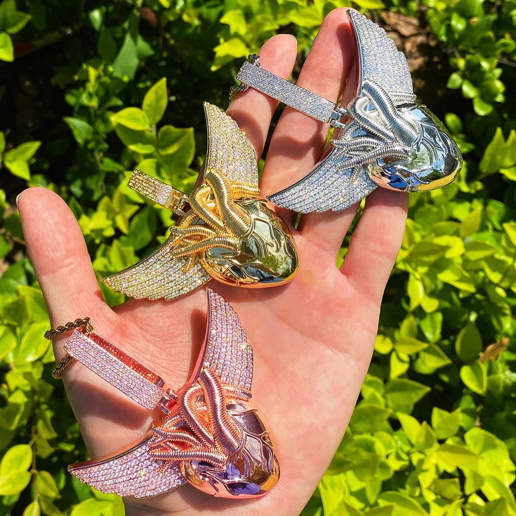 Anatomical Winged Heart Iced Out Diamond Pendant Necklace